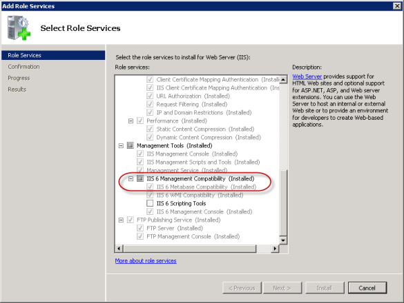 Enabling "IIS Metabase and IIS 6 configuration compatibility" feature on Windows Server 2008.