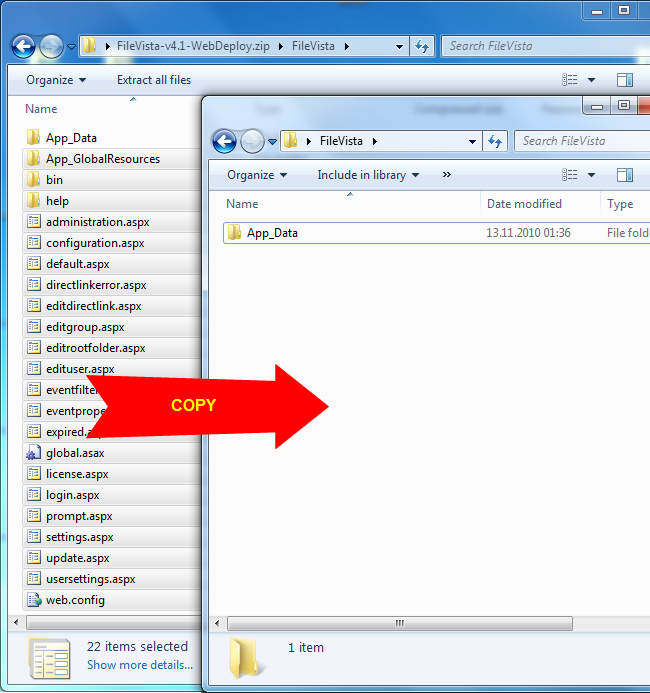 Select and copy all files and subfolders except App_Data from the zip to the FileVista folder